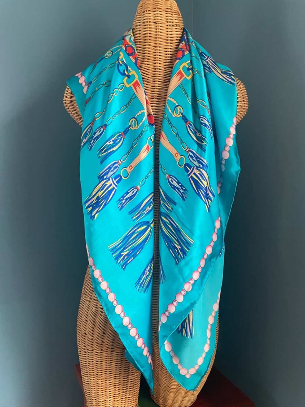 Vibrant Turquoise Silk Scarf with Tassel Print 42 x 42 - Picture 2 of 16